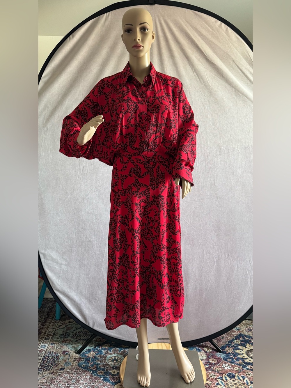 Express Red Midi Shirt Dress with Black Abstract Print (Laces and Bows) New